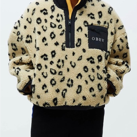 OBEY | M | Chiller Leopard Stampa Teddy Fleece Pullover Jacket - Picture 2 of 12
